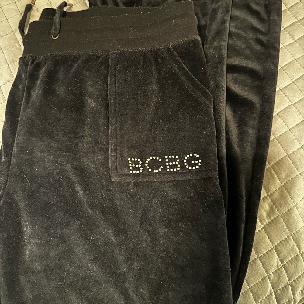 BCBG Black velvet  casual pants with logo in small rhinestones size XL